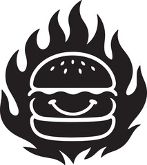 Silhouette vector of a burger with a fire flame background, symbolizing spicy flavor or grilled cooking. Perfect for bold food branding.
