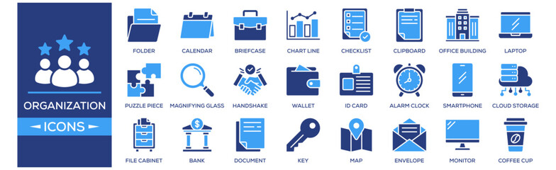 Naklejka premium Organization icon set. Containing design Folder, Calendar, Briefcase, Chart Line, Team. Solid icon collection.