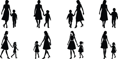 Family mom and children walking and playing together with kids silhouettes set collection.
