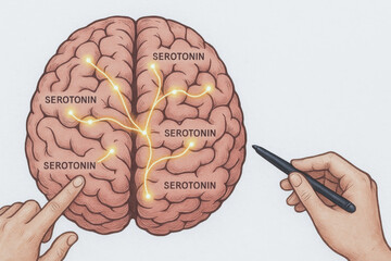 Illustration of a brain highlighting serotonin pathways, with labeled regions and hands pointing and drawing.