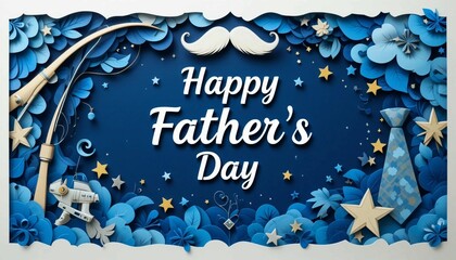 Paper-Cut Father’s Day Card with Fishing Rod, Tie, Mustache, and Stars