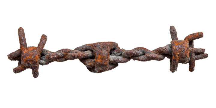 Rusty barbed wire section, showing age and decay