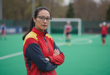 Field hockey coach standing confidently beside the turf sideline