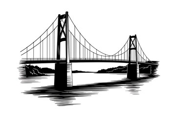 Obraz premium Engraving of a suspension bridge isolated on white background with towers and cables