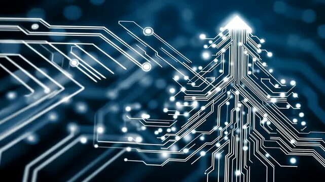 Stylized circuit board shaped like a Christmas tree with glowing elements on a blue bokeh background suggests technology