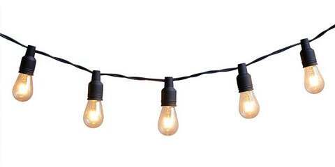 Warm white outdoor string lights with bulbs on white background