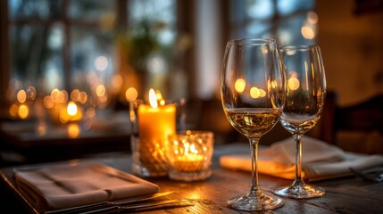 Elegant dinner table with wine glasses and candles, a romantic evening for two
