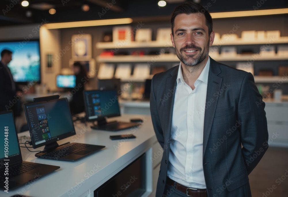 Poster tech store manager standing beside a display of laptops in a modern retail environment
