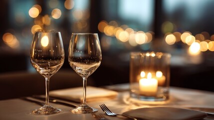 Elegant dinner table with wine glasses and candles, a romantic evening for two
