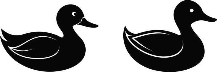 Set of Duck Silhouette Icons in Solid Black Vector, Minimal Duck Animal Icon Collection for Wildlife and Nature Design, Floating Duck Black Silhouettes Isolated on White Background.