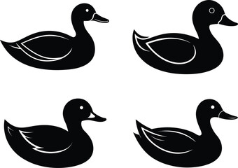 Set of Duck Silhouette Icons in Solid Black Vector, Minimal Duck Animal Icon Collection for Wildlife and Nature Design, Floating Duck Black Silhouettes Isolated on White Background.