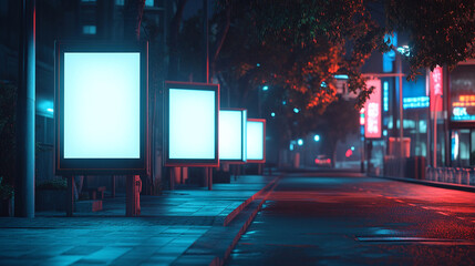 Illuminated billboards line a city street at night with vibrant neon lights and wet pavement reflecting
