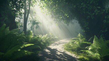 Naklejka premium A sunlit path through a dense forest with ferns and trees casting shadows on the ground and foliage