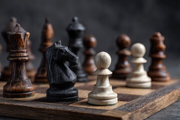 Fototapeta premium A chess board with white and black chess pieces on it, a wooden chessboard, the photo taken from the side of the field.