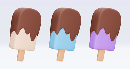 Set Ice cream with chokolate glaze, icon, 3d render. Design elements. Realistic fast food icon. Sweet food. Vector illustration isolated on white for menu, shop, flyer, banner, web, adv, sale