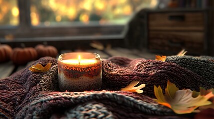 A cozy autumn scene with a lit candle on a blanket near pumpkins and a window with fall colors