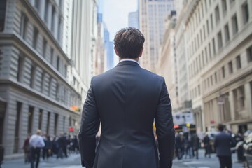 A businessman in a tailored suit, confidently walking through a bustling financial district, embodying ambition.