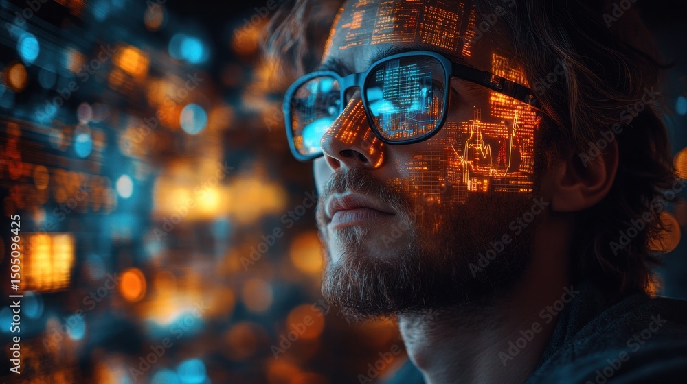 Poster digital futurism: a man's face projected with data streams