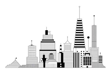 Obraz premium Engraving of a modern city skyline isolated on white background with various buildings