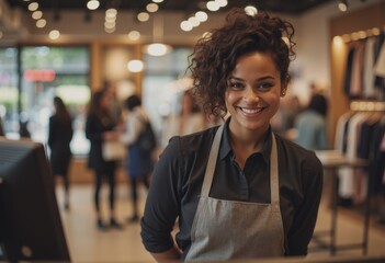 Fashion outlet cashier smiling at the POS terminal in a vibrant store