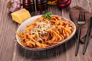Italian pasta bolognese with beef minced meat