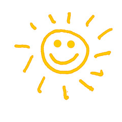 Hand drawn sun with smile for sticker isolated on white background.
