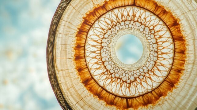 Stem of wood dicotyledon, half cross section under microscope. Light microscope slide with the microsection of a wood stem with vascular bundles, concentric arranged in a ring. Plant anatomy