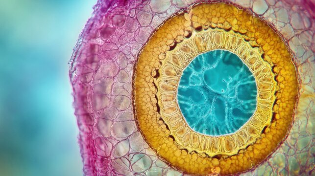 Stem of wood dicotyledon, half cross section under microscope. Light microscope slide with the microsection of a wood stem with vascular bundles, concentric arranged in a ring. Plant anatomy
