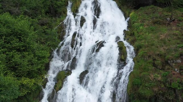 Alpine Wilderness: White Waterfalls and Green Bushes in a Summer Landscape
