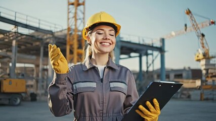 An engineer female in uniform holding a clipboard with a confident smile, construction site on background