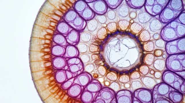 Stem of wood dicotyledon, half cross section under microscope. Light microscope slide with the microsection of a wood stem with vascular bundles, concentric arranged in a ring. Plant anatomy