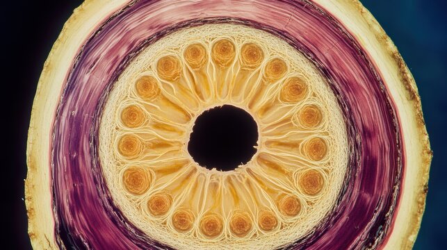 Stem of wood dicotyledon, half cross section under microscope. Light microscope slide with the microsection of a wood stem with vascular bundles, concentric arranged in a ring. Plant anatomy