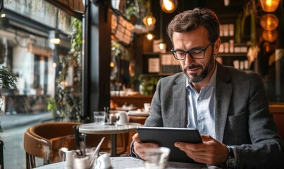 A businessman, relaxed yet focused, working on a tablet in a contemporary coffee shop, surrounded by natural light and a stylish ambiance.