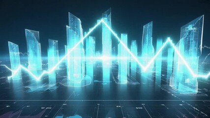 A virtual 3D cityscape holographic skyscrapers. company, financial performance line graphs bar charts building’s surface. Stock numbers grows. progression profits losses quarters, glowing effect - Powered by Adobe