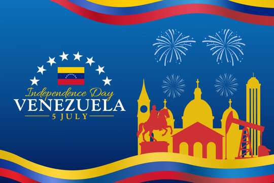 Venezuela Independence Day vector banner, greeting card. Venezuelan wavy flag in 5th of July patriotic holiday horizontal design with realistic flag, fireworks, and city skyline silhouette.