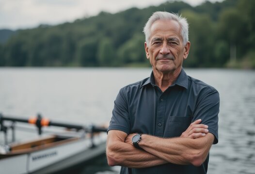 Senior rower standing confidently on the dock beside a rowing shell