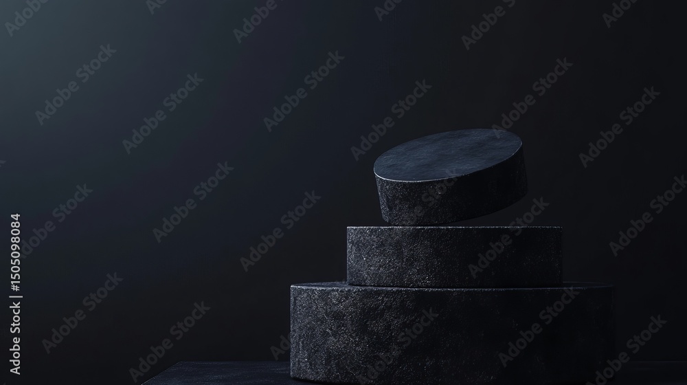Poster three dark gray circular platforms stacked with one floating in a dark studio environment that is mo
