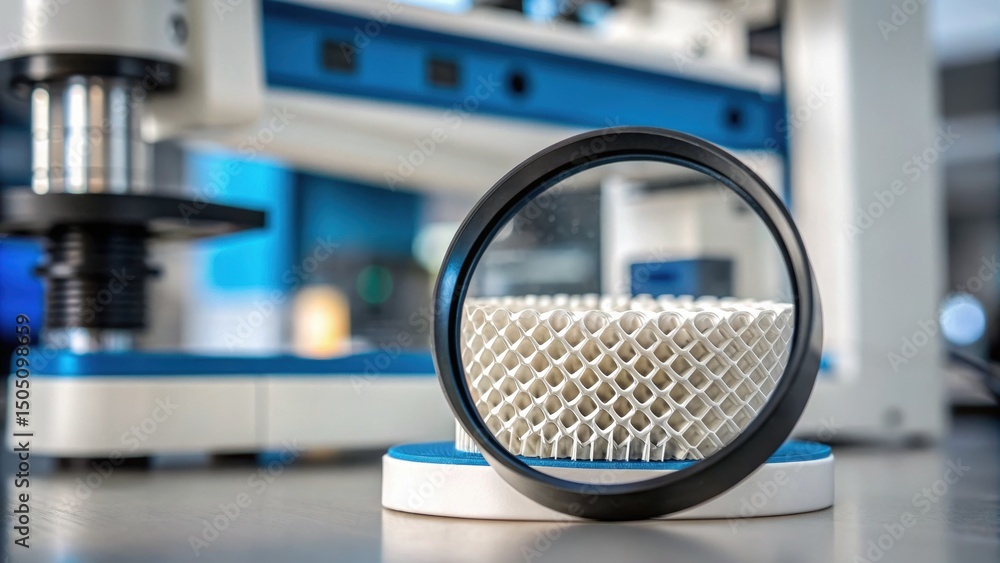 Poster a close-up view of a metallic object through a magnifying glass, with a blurred background of a lab 