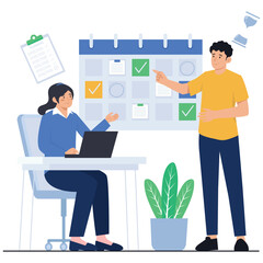 Fototapeta premium Action Plan Illustration. Vector illustration of A seated woman and a standing man review task completion on a digital planning calendar interface. Isolated on background