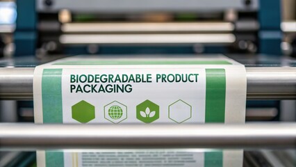 Biodegradable product packaging on a production line, showcasing eco-friendly materials and symbols.