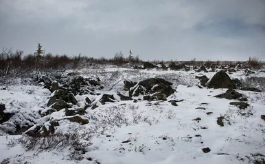 Gordijnen Rocks in snow at Alaskan wayside © Kari