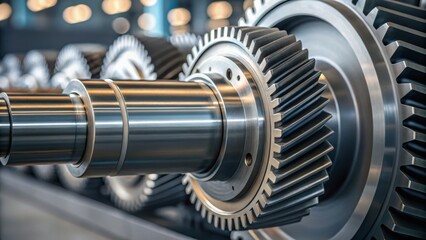 Fototapeta premium Close-up of polished metal gears with intricate details, showcasing precision engineering in a modern industrial setting.