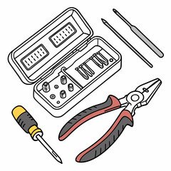 Vector illustration of toolkit with screwdriver, pliers, and circuit parts, isolated on transparent background
