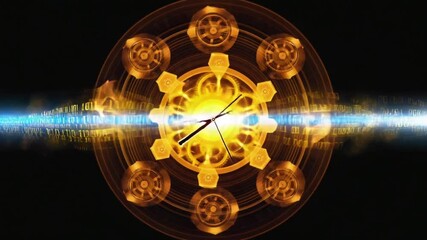futuristic abstract fractal clock made of glowing gears, each tick emits binary code droplets into a flowing neon data stream, black background, cyberpunk style, highly detailed, cinematic lighting - Powered by Adobe
