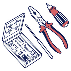 Vector illustration of toolkit with screwdriver, pliers, and circuit parts, isolated on transparent background
