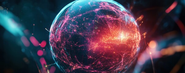 High-tech global network sphere icon, symbolizing digital connection and data flow across modern communication systems.