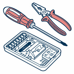 Vector illustration of toolkit with screwdriver, pliers, and circuit parts, isolated on transparent background
