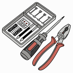 Vector illustration of toolkit with screwdriver, pliers, and circuit parts, isolated on transparent background
