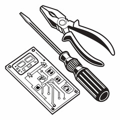 Vector illustration of toolkit with screwdriver, pliers, and circuit parts, isolated on transparent background
