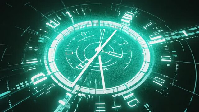 Animation of clock moving and data processing on black background, 4k video